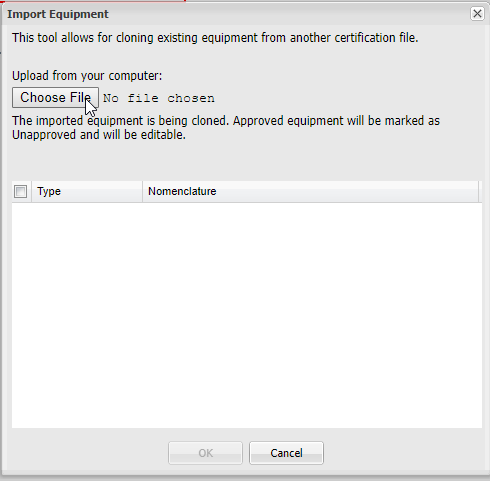 Import Equipment Popup Window